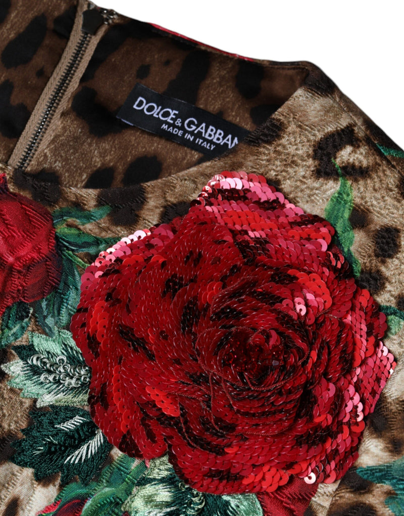 Brown Leopard Red Roses Cotton A-line Dress Dolce & Gabbana