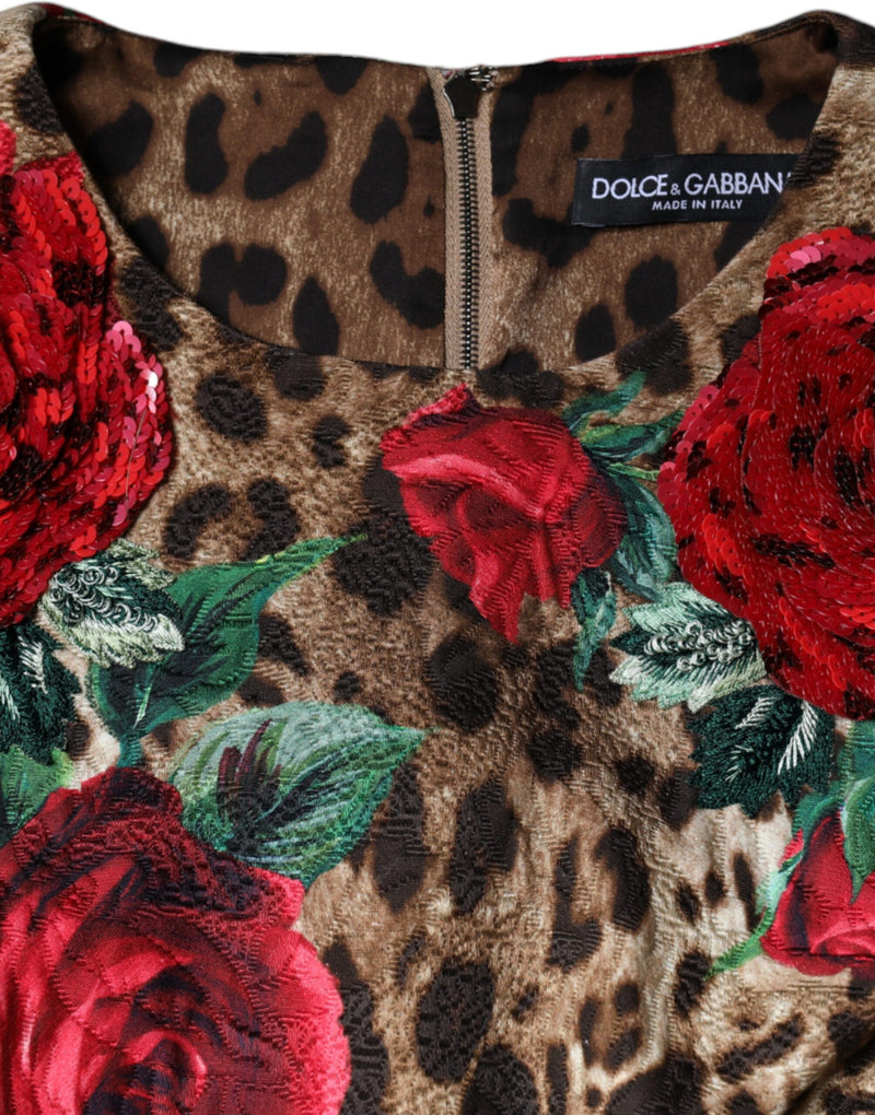 Brown Leopard Red Roses Cotton A-line Dress Dolce & Gabbana