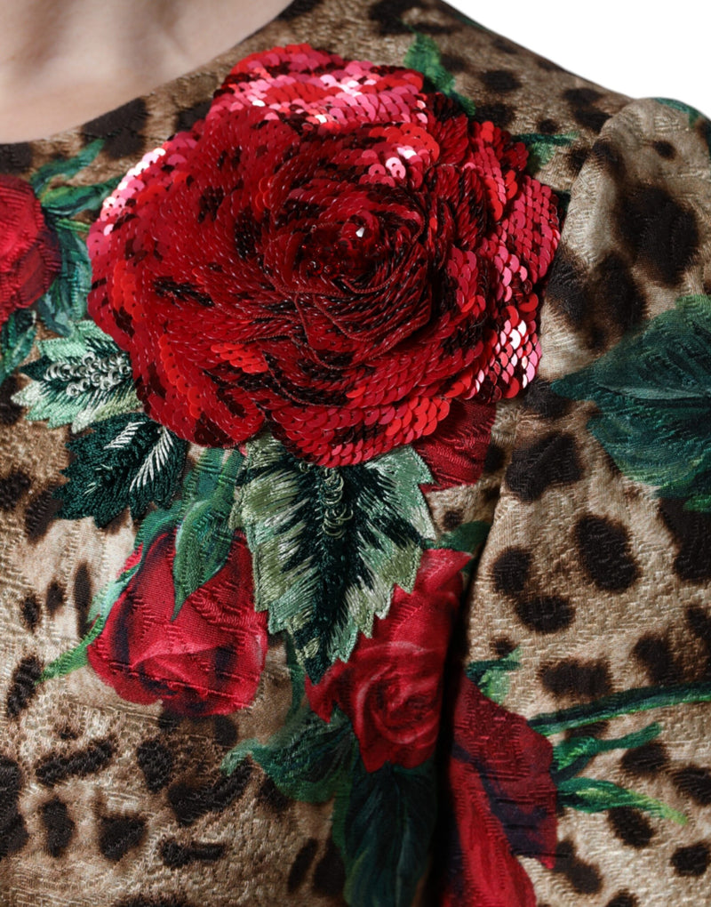 Brown Leopard Red Roses Cotton A-line Dress Dolce & Gabbana