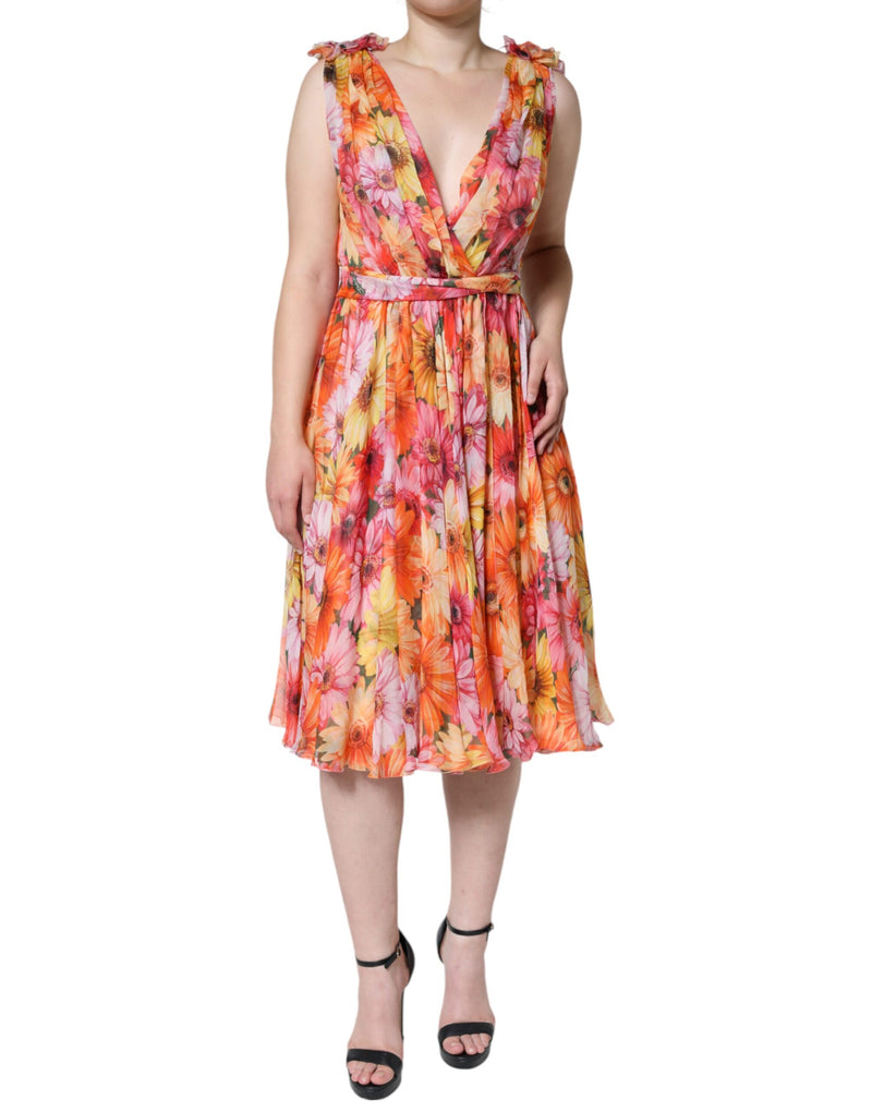 Multicolor Floral Sleeveless V-neck Midi Dress Dolce & Gabbana