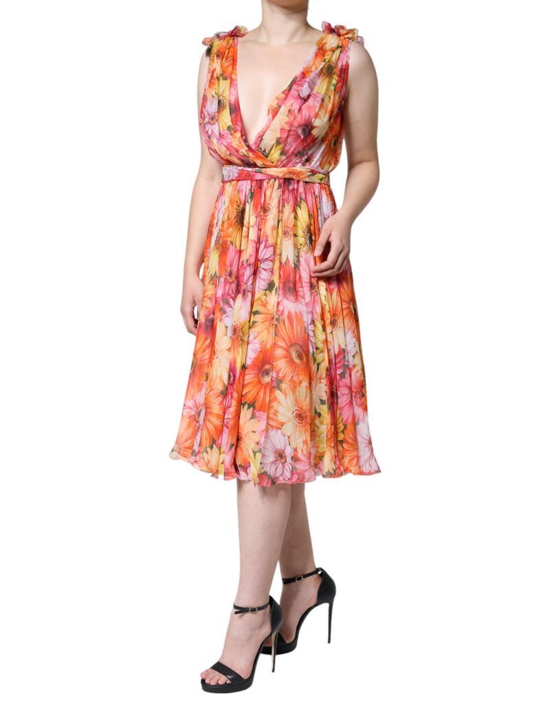 Multicolor Floral Sleeveless V-neck Midi Dress Dolce & Gabbana