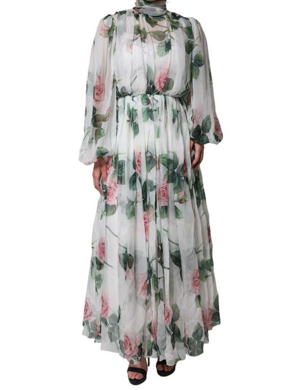 White Silk Floral Print Long Maxi Dress Dolce & Gabbana