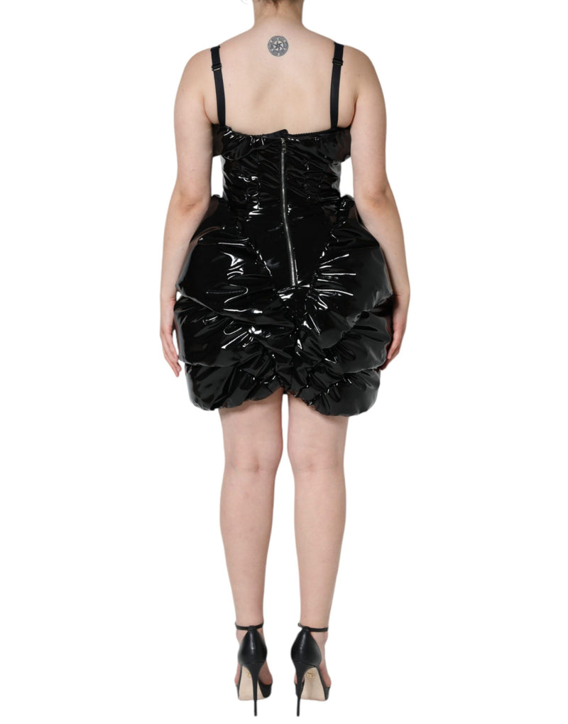 Black Polyester Ruched Coated Mini Dress Dolce & Gabbana