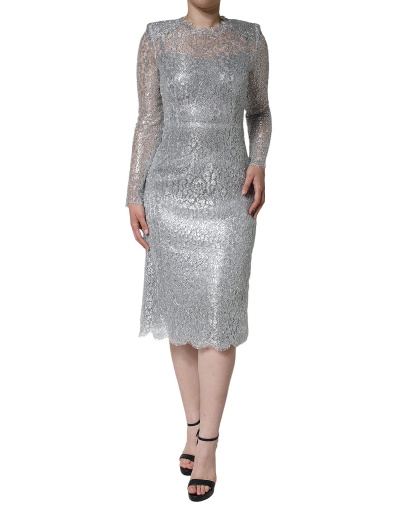 Silver Floral Lace Bodycon Sheath Midi Dress Dolce & Gabbana