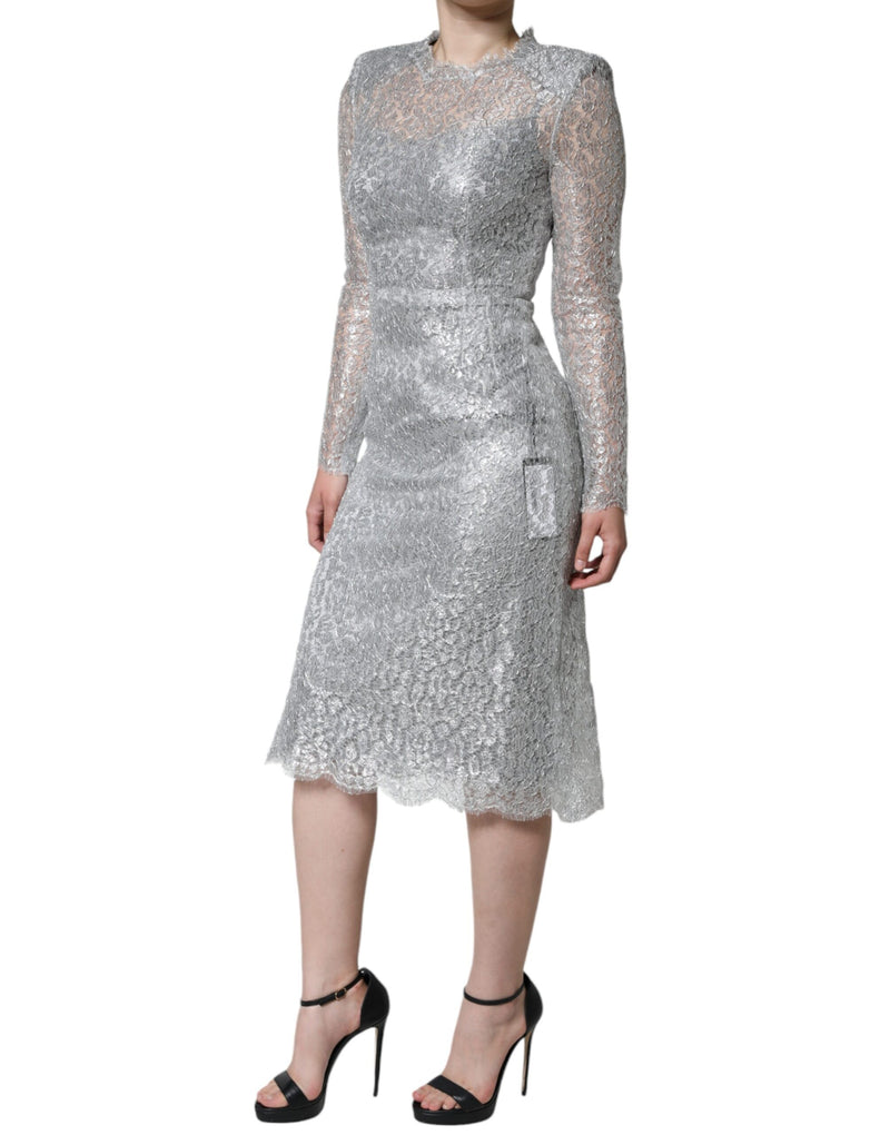 Silver Floral Lace Bodycon Sheath Midi Dress Dolce & Gabbana