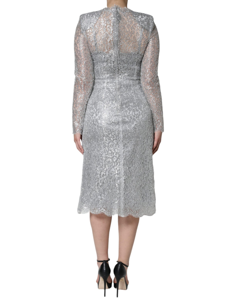 Silver Floral Lace Bodycon Sheath Midi Dress Dolce & Gabbana