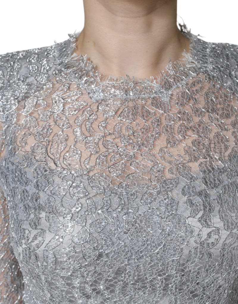 Silver Floral Lace Bodycon Sheath Midi Dress Dolce & Gabbana