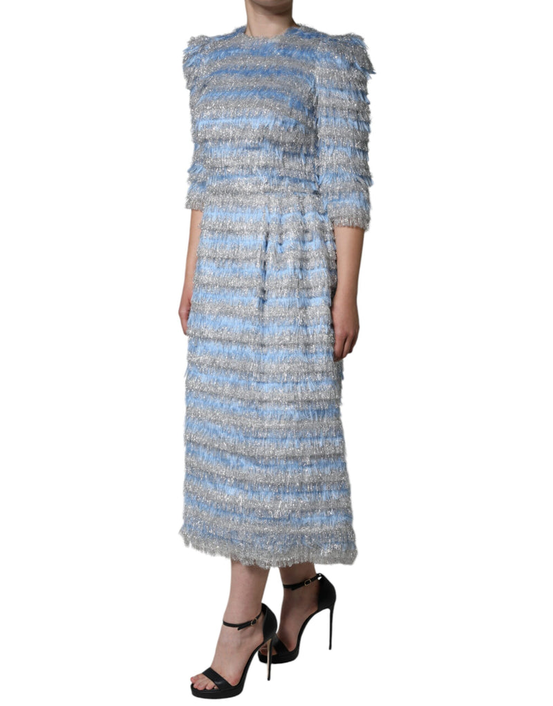 Light Blue Silver Jacquard A-line Midi Dress Dolce & Gabbana