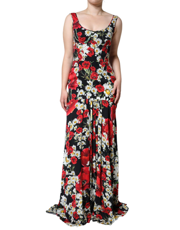 Black Floral Silk Sleeveless Long Gown Dress Dolce & Gabbana