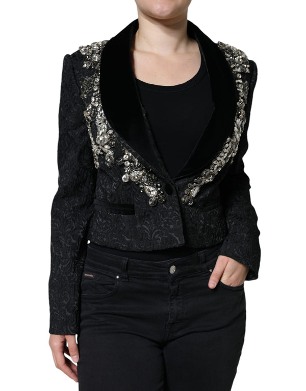 Black Jacquard Crystal Floral Jacket Blazer Dolce & Gabbana