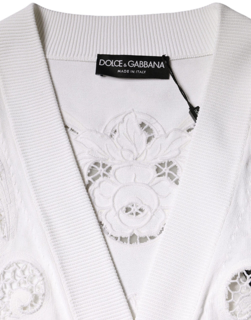 White Viscose Floral Cut Out Cardigan Sweater Dolce & Gabbana