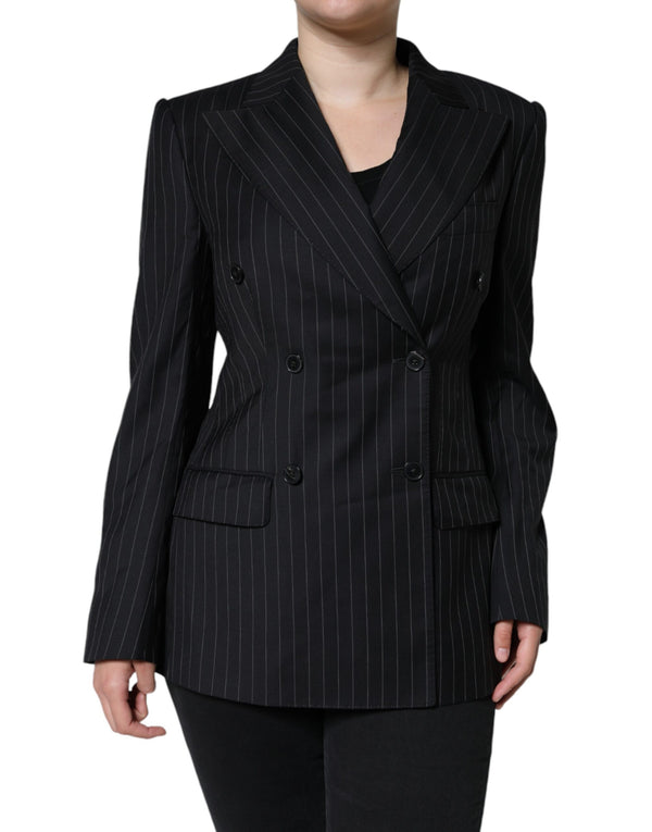 Black Striped Double Breasted Coat Jacket Dolce & Gabbana