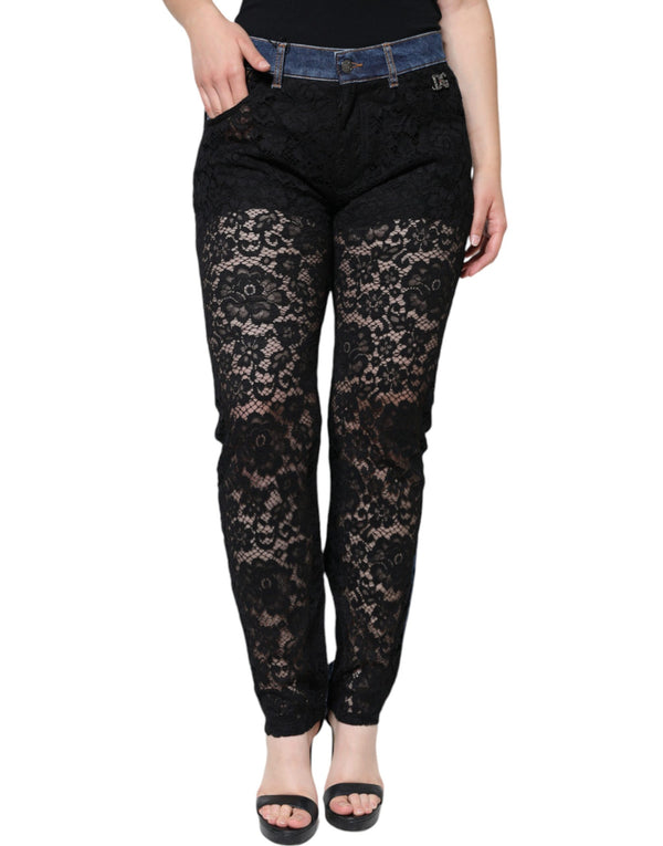 Black Floral Lace Front Skinny Denim Jeans Dolce & Gabbana