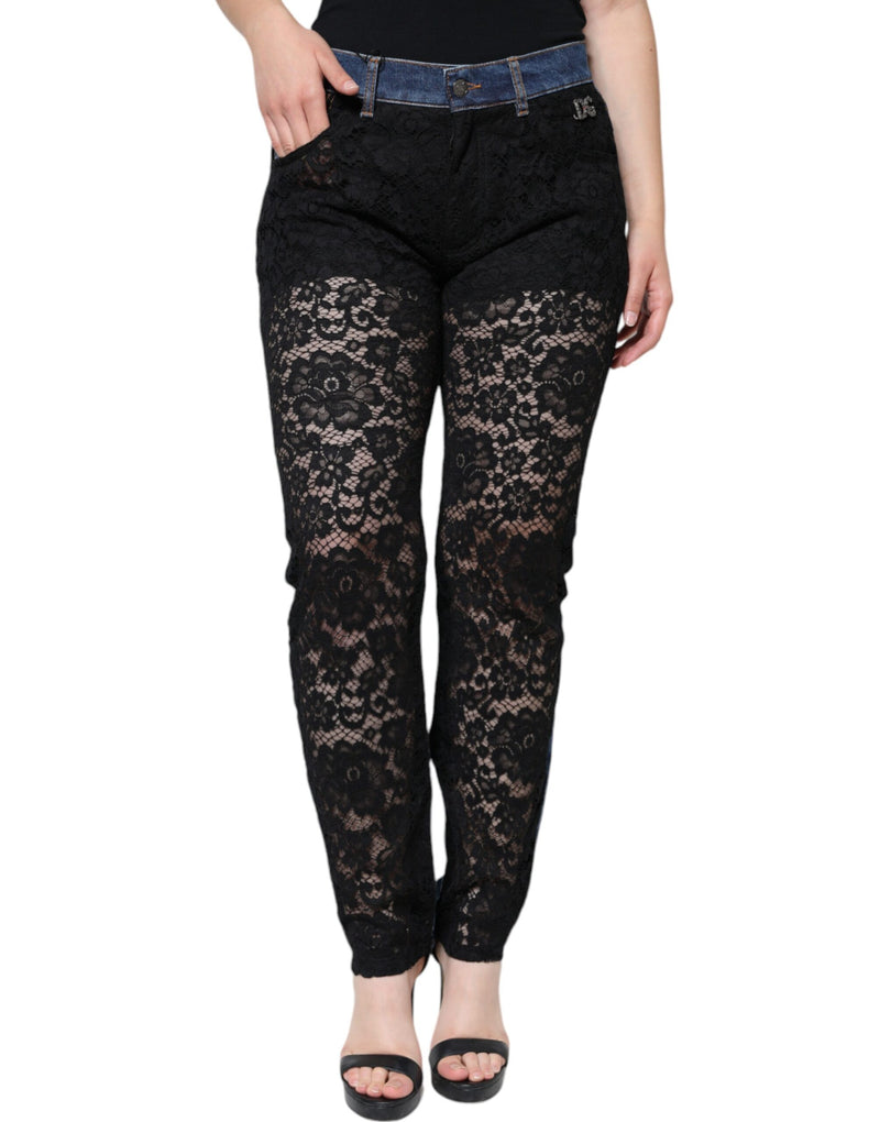 Black Floral Lace Front Skinny Denim Jeans Dolce & Gabbana