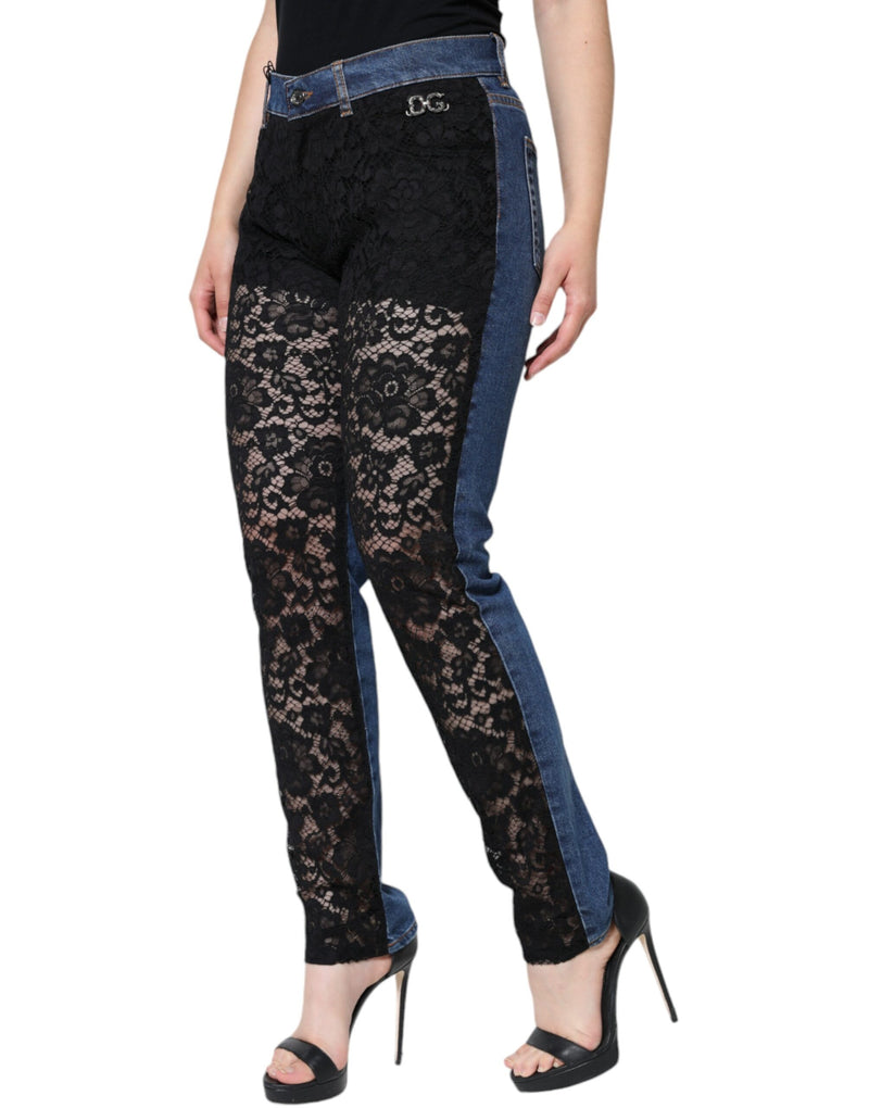 Black Floral Lace Front Skinny Denim Jeans Dolce & Gabbana