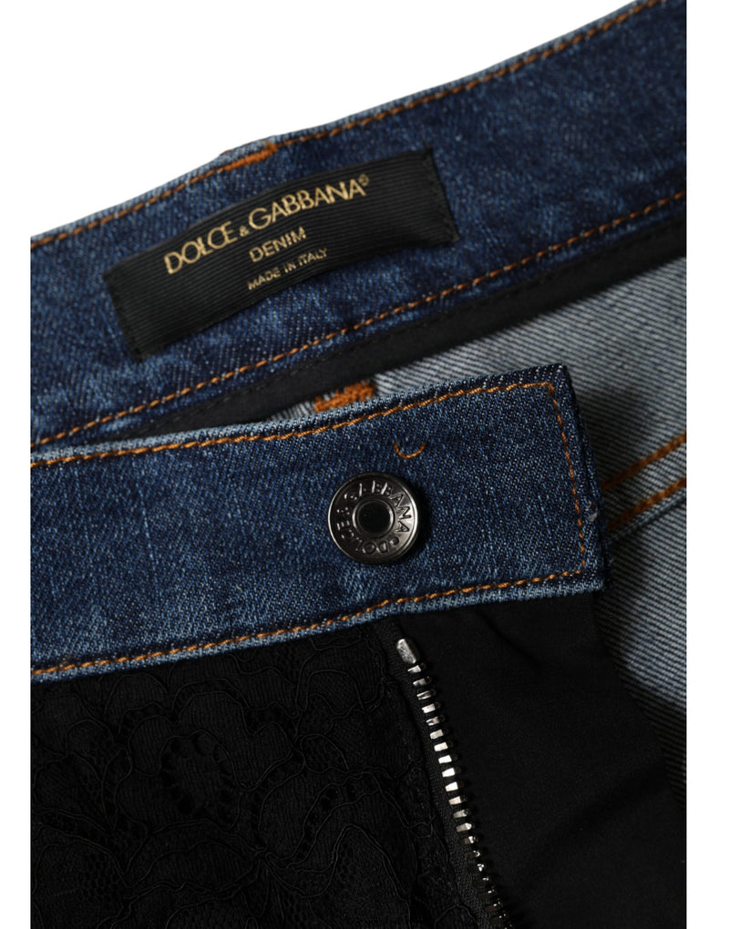 Black Floral Lace Front Skinny Denim Jeans Dolce & Gabbana