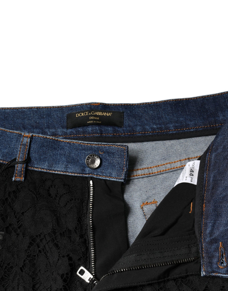 Black Floral Lace Front Skinny Denim Jeans Dolce & Gabbana