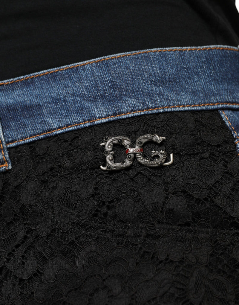 Black Floral Lace Front Skinny Denim Jeans Dolce & Gabbana