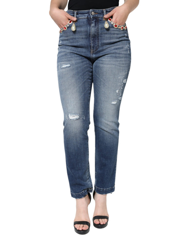 Dark Blue Cotton Tattered Skinny Denim Jeans Dolce & Gabbana