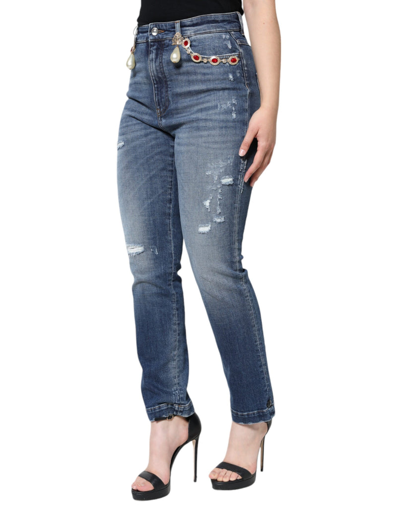 Dark Blue Cotton Tattered Skinny Denim Jeans Dolce & Gabbana