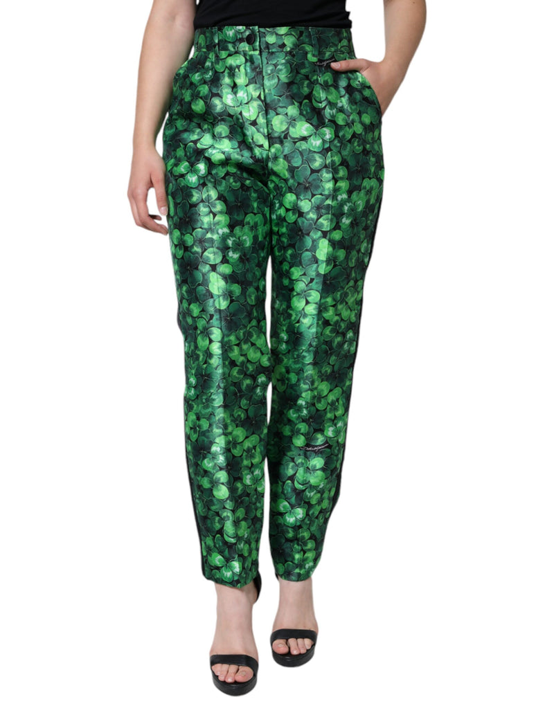 Green Clover Silk Satin High Waist Tapered Pants Dolce & Gabbana