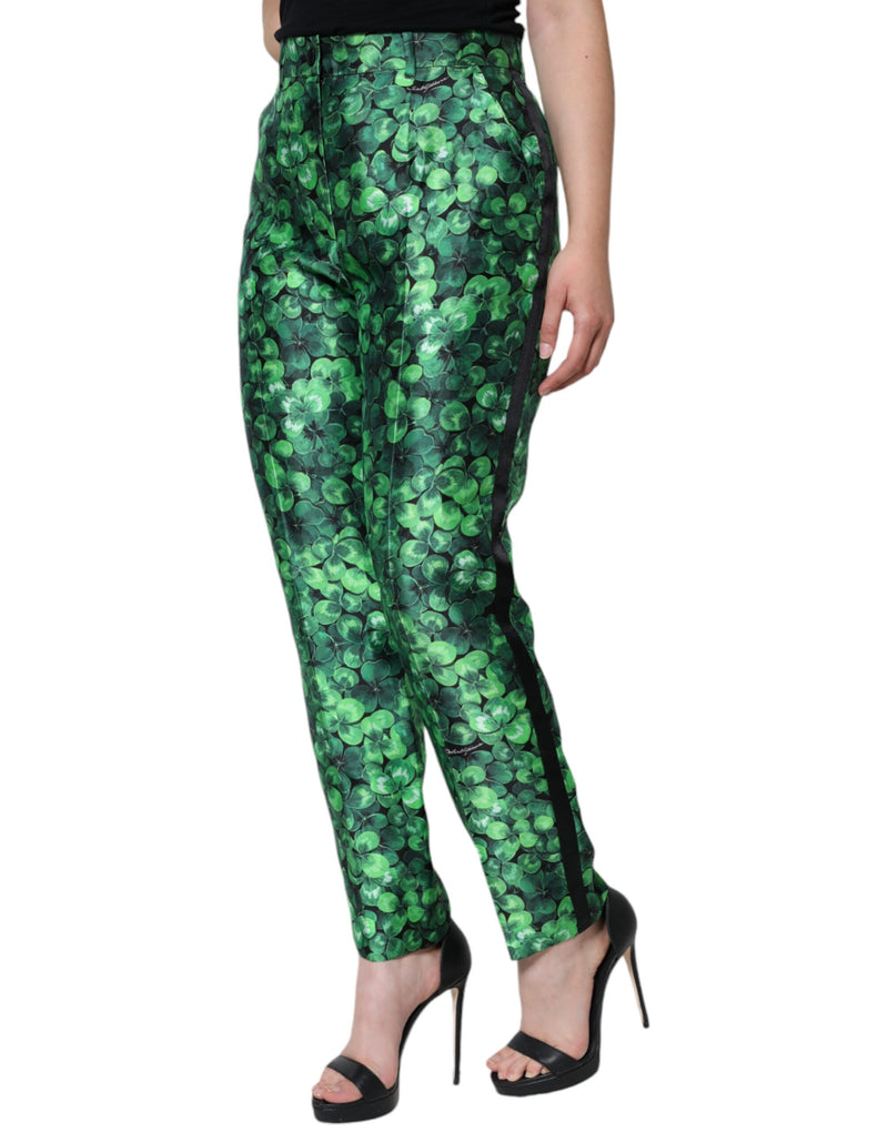 Green Clover Silk Satin High Waist Tapered Pants Dolce & Gabbana