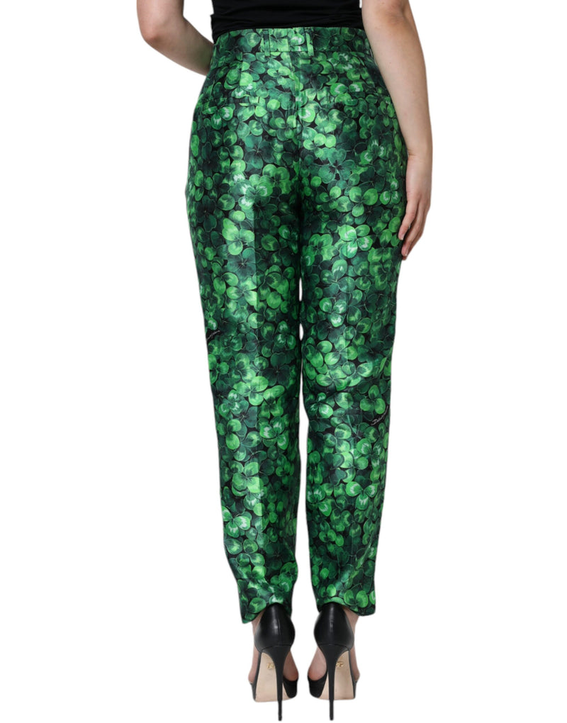 Green Clover Silk Satin High Waist Tapered Pants Dolce & Gabbana