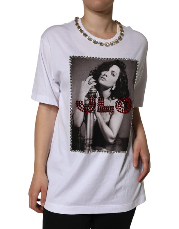 White Crystal Neckline Embellished Printed T-shirt Dolce & Gabbana