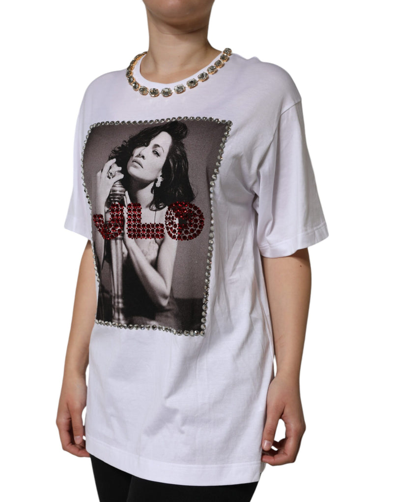 White Crystal Neckline Embellished Printed T-shirt Dolce & Gabbana