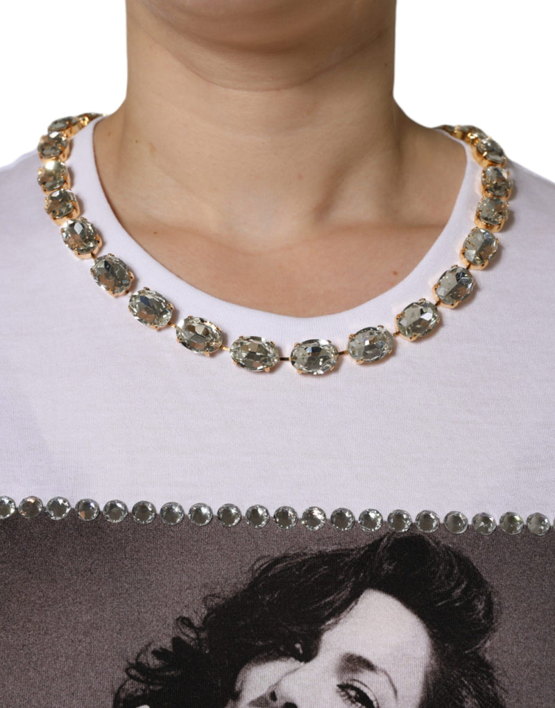 White Crystal Neckline Embellished Printed T-shirt Dolce & Gabbana