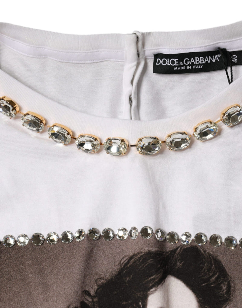 White Crystal Neckline Embellished Printed T-shirt Dolce & Gabbana