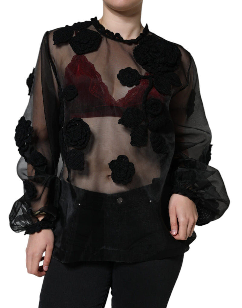 Black Nylon Mesh Transparent Floral Blouse Dolce & Gabbana