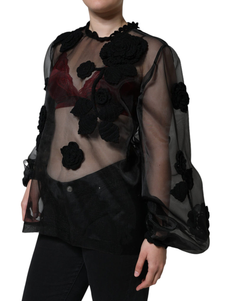 Black Nylon Mesh Transparent Floral Blouse Dolce & Gabbana