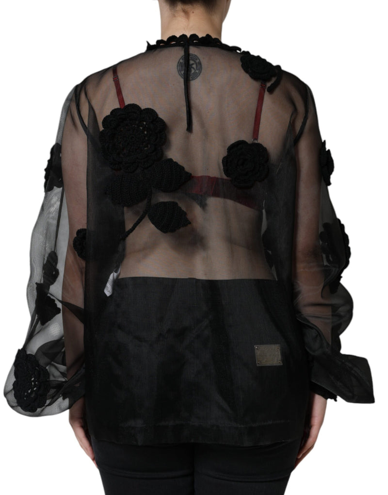 Black Nylon Mesh Transparent Floral Blouse Dolce & Gabbana