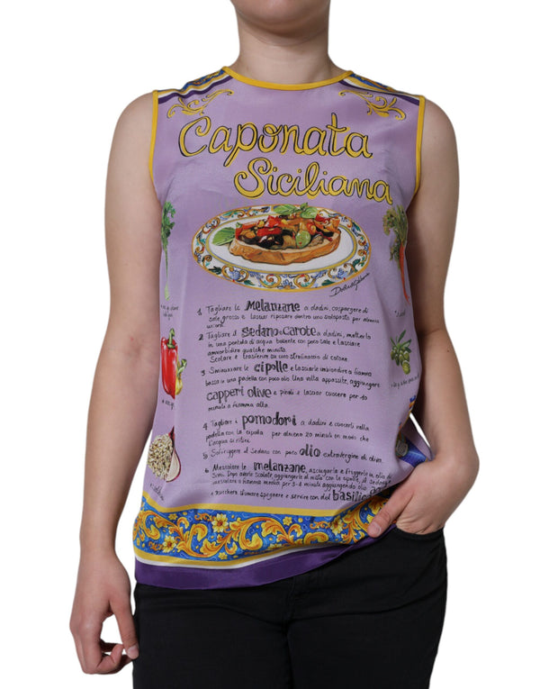 Purple Silk Caponata Siciliana Print Tank Top Dolce & Gabbana