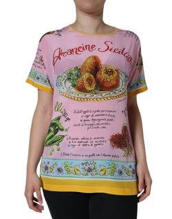 Pink Silk Araneine Siciliana Print Short Sleeves Top Dolce & Gabbana