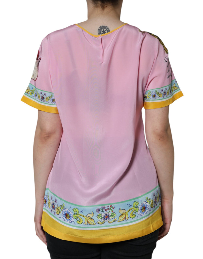 Pink Silk Araneine Siciliana Print Short Sleeves Top Dolce & Gabbana