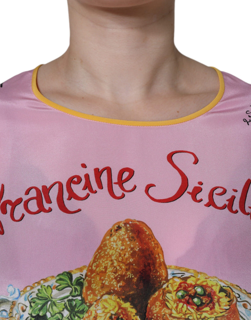 Pink Silk Araneine Siciliana Print Short Sleeves Top Dolce & Gabbana