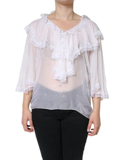 White Ruffles Lace Long Sleeve Blouse Top Dolce & Gabbana