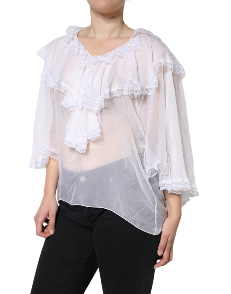 White Ruffles Lace Long Sleeve Blouse Top Dolce & Gabbana