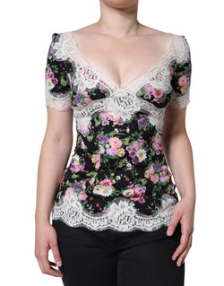 Black Floral Lace Short Sleeves Blouse Top Dolce & Gabbana