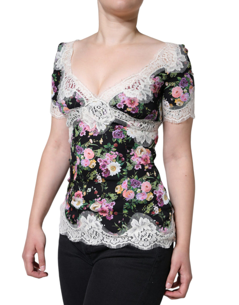 Black Floral Lace Short Sleeves Blouse Top Dolce & Gabbana