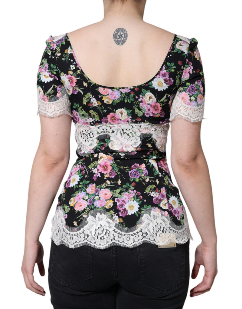 Black Floral Lace Short Sleeves Blouse Top Dolce & Gabbana