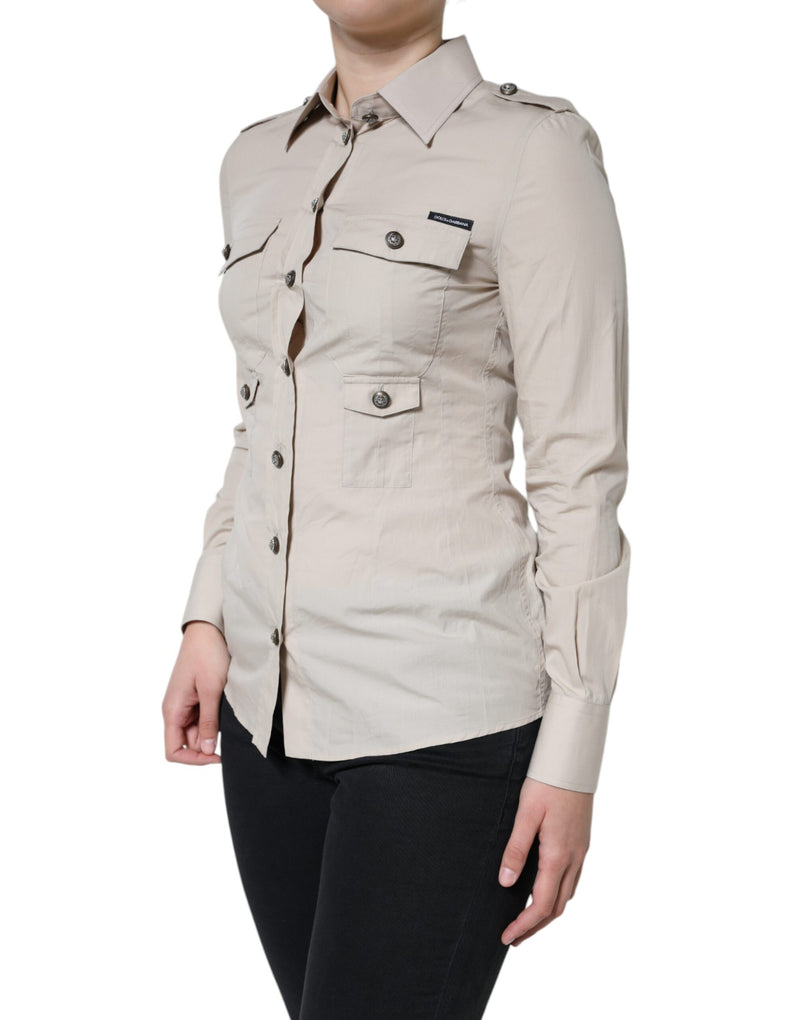 Beige Cotton Collared Button Down Shirt Top Dolce & Gabbana