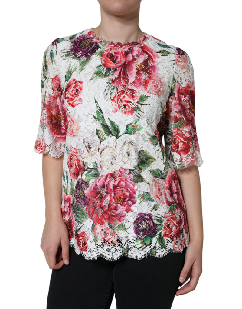 White Peony Lace Short Sleeves Blouse Top Dolce & Gabbana