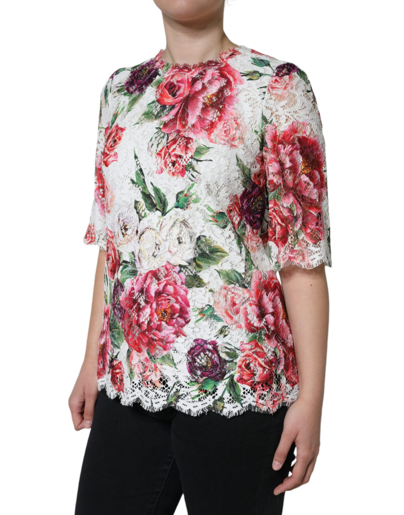 White Peony Lace Short Sleeves Blouse Top Dolce & Gabbana