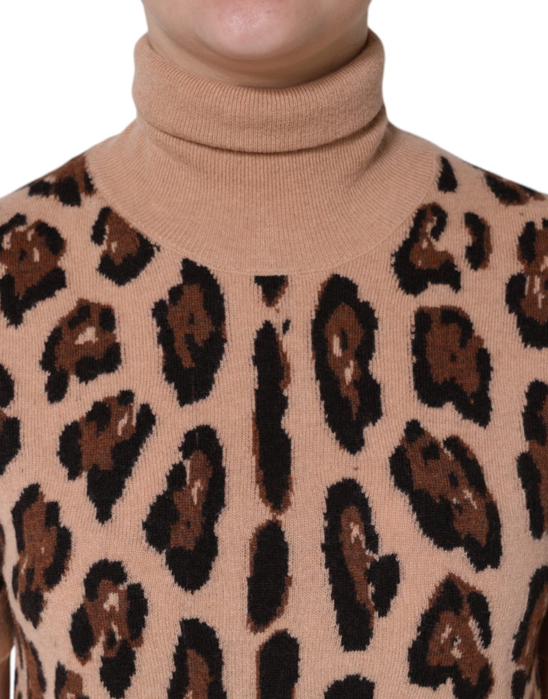 Beige Leopard Print Wool Turtleneck Top Dolce & Gabbana