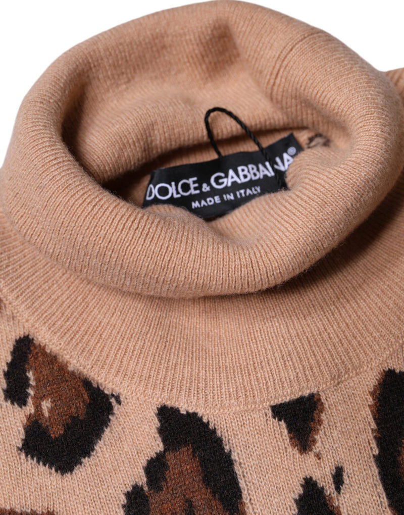 Beige Leopard Print Wool Turtleneck Top Dolce & Gabbana