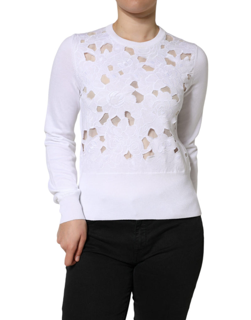 White Lace Cut Out Long Sleeves Pullover Sweater Dolce & Gabbana