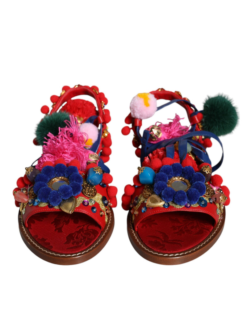 Multicolor Pom Pom Fur Wrap Sandals Shoes Dolce & Gabbana